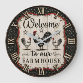 Relógio Grande Welcome to Our Farmhouse Rustic Rooster & Hen