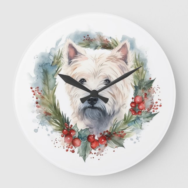 Relógio Grande West Highland White Terrier Wreath de Natal (Frente)