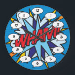 Relógio Grande WHAM Diversão Retro Quadrinhos Pop Art<br><div class="desc">Relógios pop de quadrinhos de super-herói modernos e divertidos que certamente adicionarão um toque de cor a vários ambientes em sua casa ou escritório. Uma maneira ideal de presentear a si mesmo ou a alguém que você conhece com esses relógios de designer exclusivos e legais da Comic Con. Por que...</div>