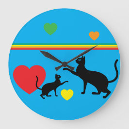Relógio Grande Whimsical Black Cats and Rainbow Round Clock