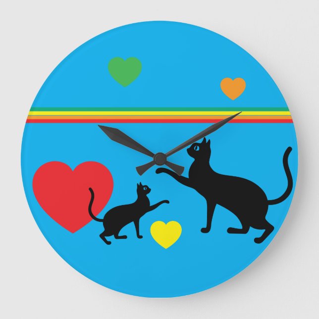 Relógio Grande Whimsical Black Cats and Rainbow Round Clock (Frente)