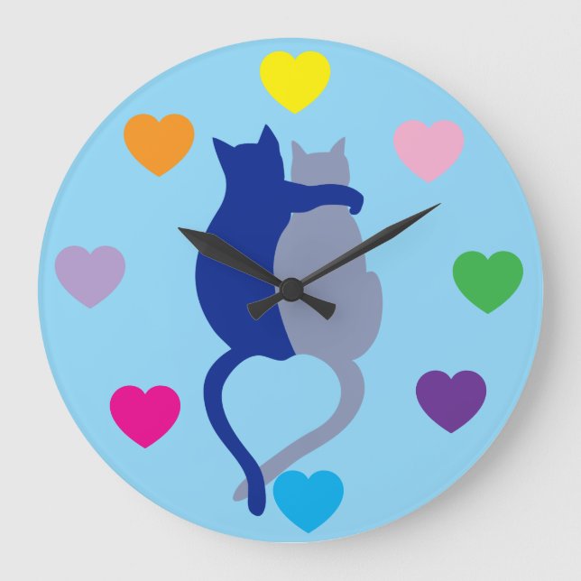 Relógio Grande Whimsical Blue Cat Clock with Rainbow Hearts (Frente)