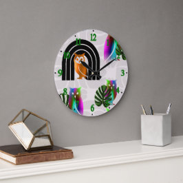 Relógio Grande Whimsical Boho Owl & Tropical Monstera Leaf