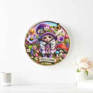 Relógio Grande Whimsical Gnome Welcome Clock: Floral Fantasy