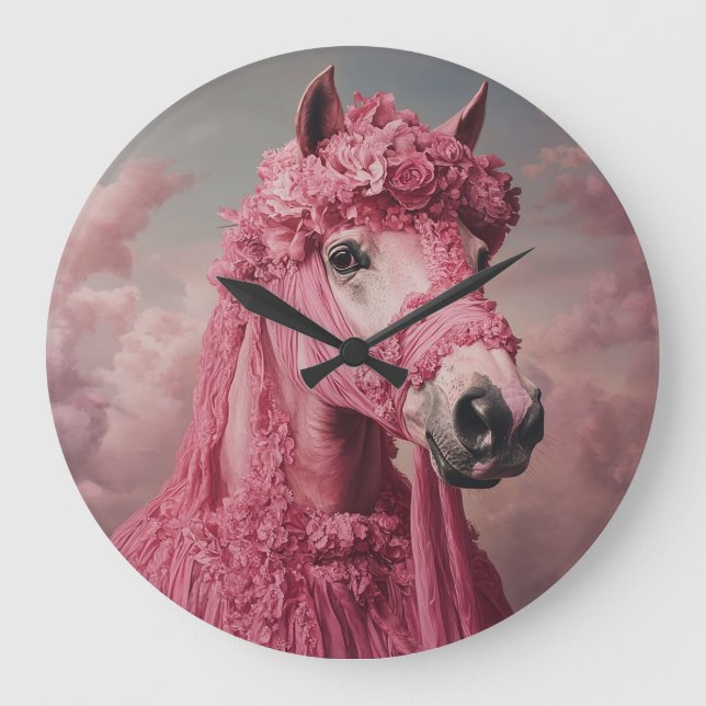Relógio Grande Whimsical Pink Horse Wall Clock - Elegant Fantasy  (Frente)