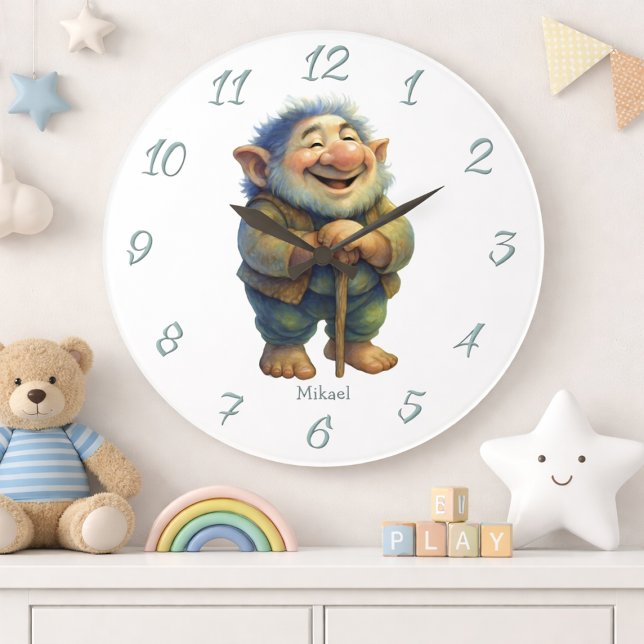 Relógio Grande Whimsical Troll Gnome Wall Decor Kids Custom Name  (Criador carregado)