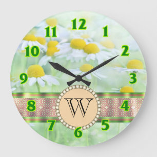 Relógio Grande White Daisy está em Green Meadow Monograma