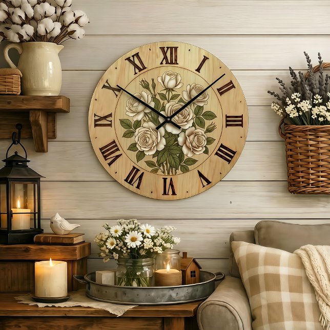 Relógio Grande White Garden Flowers Wall Clock (Criador carregado)