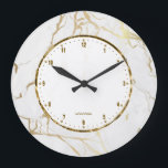 Relógio Grande White Marble Print With Gold Crackles<br><div class="desc">Image of elegant white marble stone pattern with gold crackles accent. Chick modern design with custom name.</div>