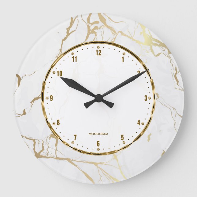 Relógio Grande White Marble Print With Gold Crackles (Frente)