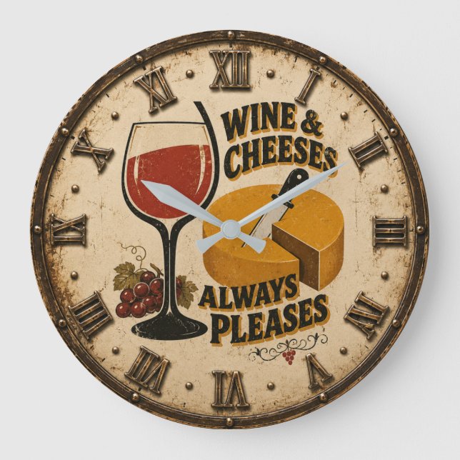 Relógio Grande Wine and Cheese Always Pleases Rustic Kitchen  (Frente)
