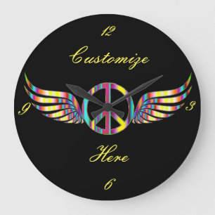 Relógio Grande Winged Hippie Peace Symbol Thunder_Cove