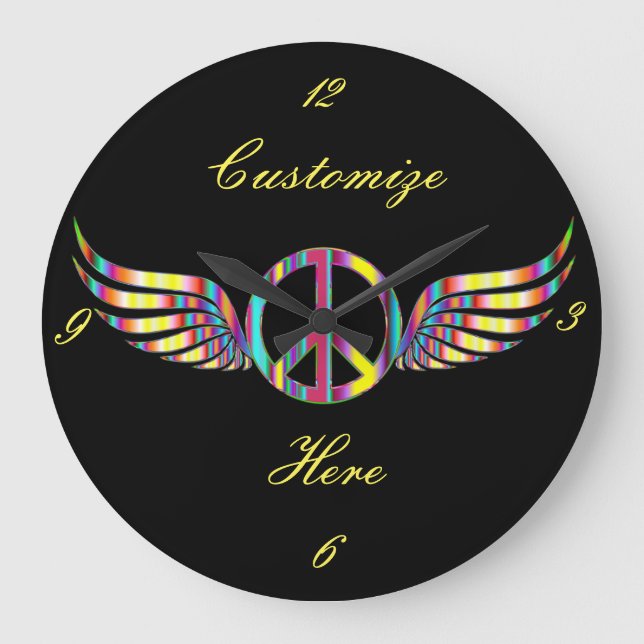 Relógio Grande Winged Hippie Peace Symbol Thunder_Cove (Frente)