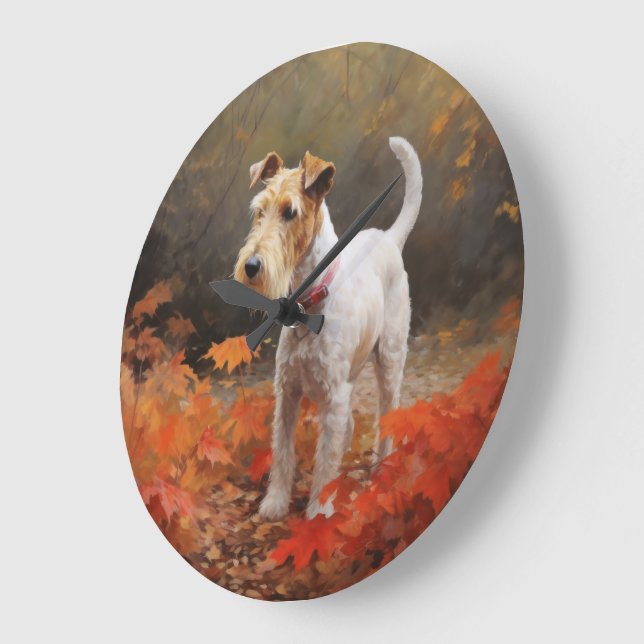 Relógio Grande Wirefox Terrier em Folhas de Outono Caem Inspiraçã (Ângulo)