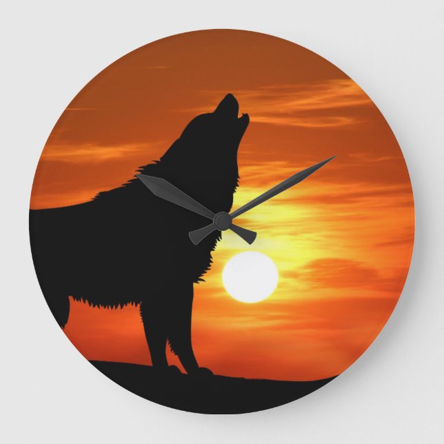 Relógio Grande Wolf Howling no Sunset Clock (Frente)
