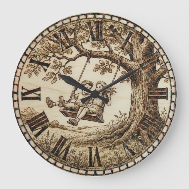 Relógio Grande Wood Burned Swing Tree Wall Clock (Frente)