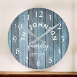 Relógio Grande Wood Custom Family Name Rustic Beach House<br><div class="desc">O relógio do estilo da fazenda de madeira azul é perfeito para a cozinha ou sala de estar do seu país. Personalize com seu nome de família e o ano estabelecido para um aniversário ou presente de Natal exclusivo e personalizado.</div>