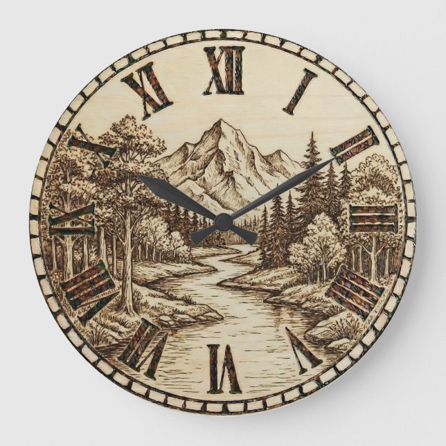 Relógio Grande Wood Engraved Mountain River Wall Clock (Frente)