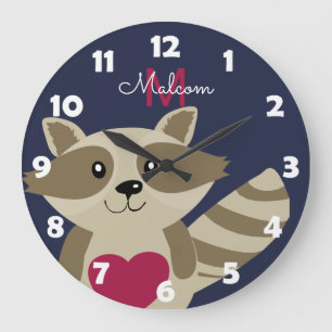 Relógio Grande Woodland Raccoon Adorável Monograma Personalizado