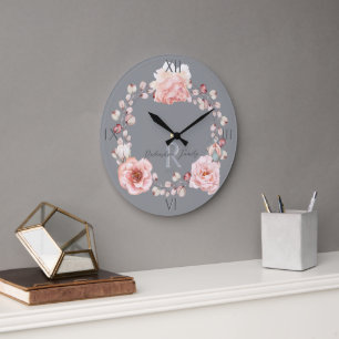 Relógio Grande Wreath Rosa de Aquarela Personalizada Cinza