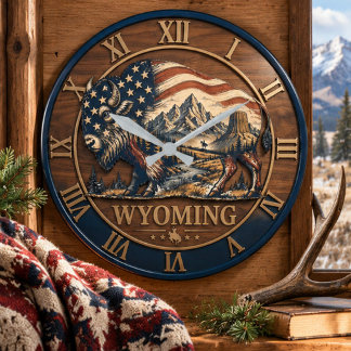 Relógio Grande Wyoming Patriotic American Flag Bison Wooden