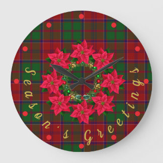 Relógio Grande Xadrez Vermelha Tartan Poinsettia Natal