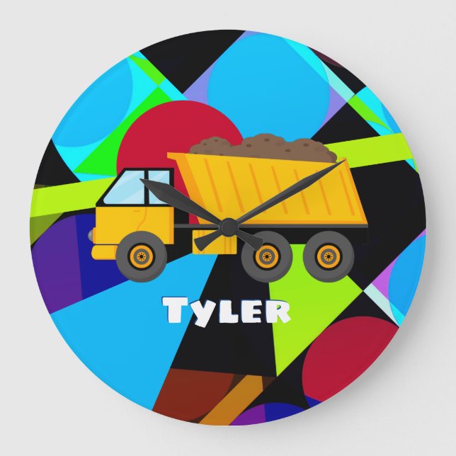 Relógio Grande Yellow Dump Truck, Geometric Shapes, Child's Name (Frente)