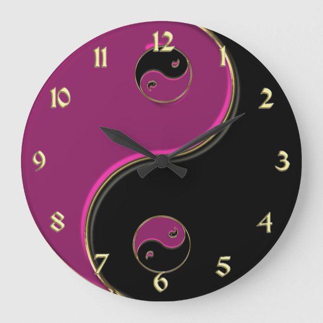 Relógio Grande Yin Yang Clock in Black and Hot Pink with Gold (Frente)