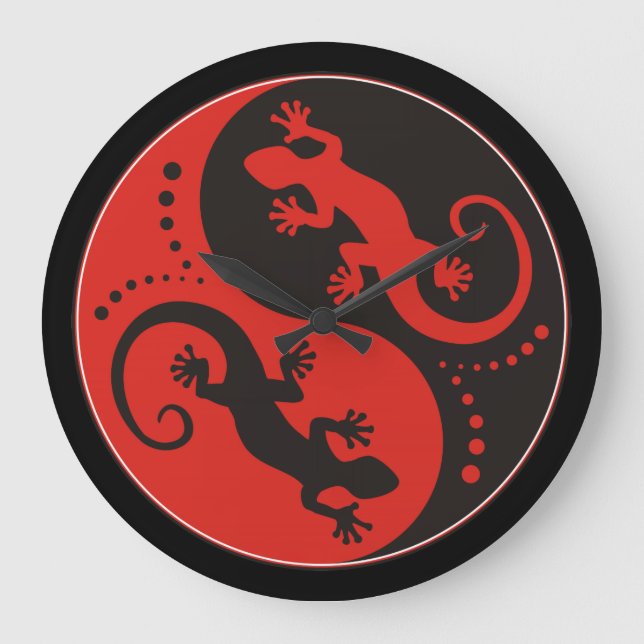 Relógio Grande YIN & YANG Geckos preto vermelho + sua ideia de fu (Frente)