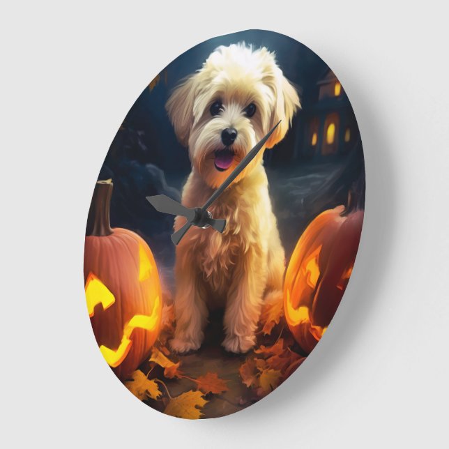 Relógio Grande Yorkipoo do Halloween Com Pumpkins Assustado (Ângulo)