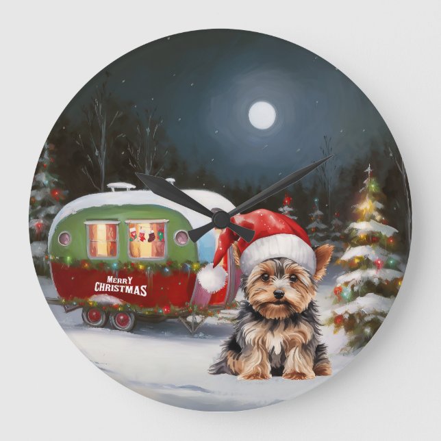 Relógio Grande Yorkshire Terrier Caravan Aventura de Natal (Frente)