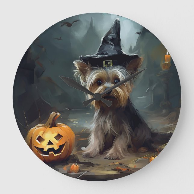 Relógio Grande Yorkshire Terrier Pumpkins Halloween Scary (Frente)