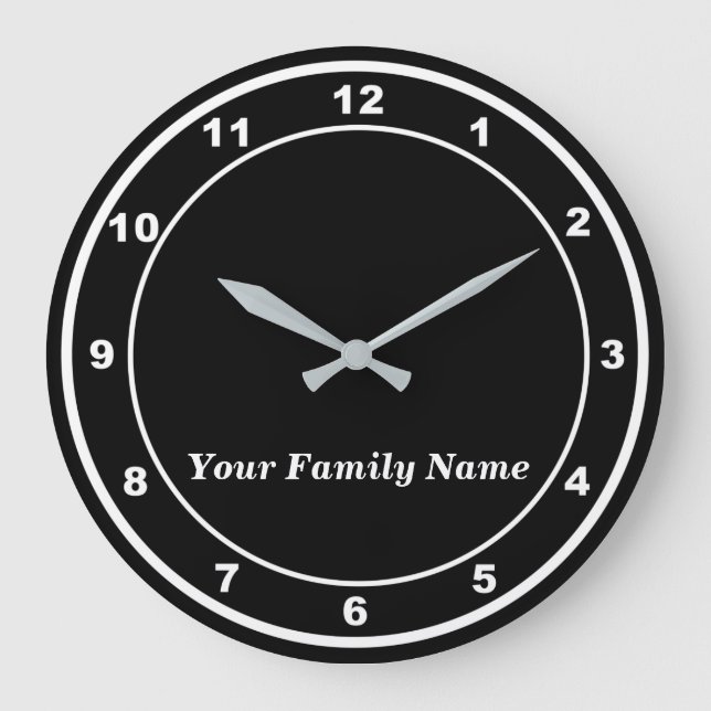 Relógio Grande Your Family Name on Black Round Wall Clock (Frente)