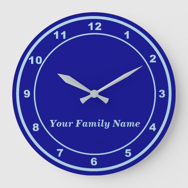 Relógio Grande Your Family Name on Blue Round Wall Clock (Frente)
