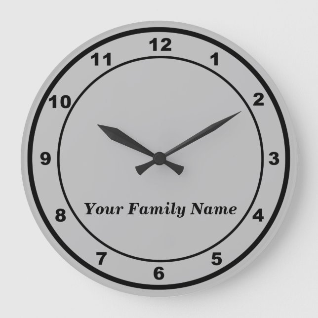 Relógio Grande Your Family Name on Gray Round Wall Clock (Frente)