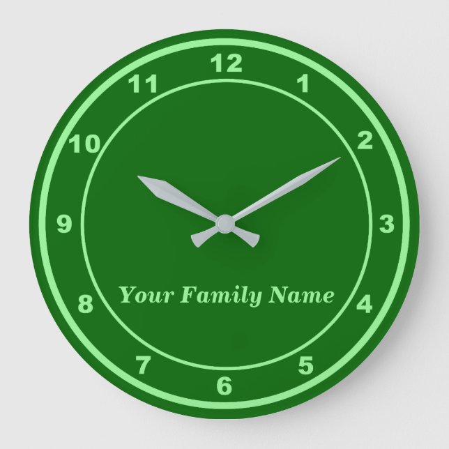 Relógio Grande Your Family Name on Green Round Wall Clock (Frente)