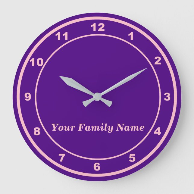 Relógio Grande Your Family Name on Purple Round Wall Clock (Frente)
