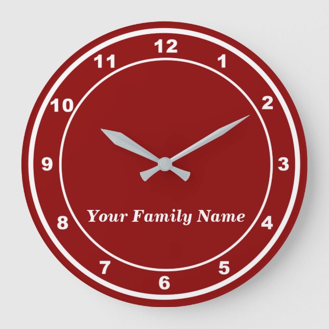 Relógio Grande Your Family Name on Red Round Wall Clock (Frente)