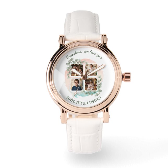 Relógio Grandma we love you 6 Photo Collage Eucalyptus (Frente)