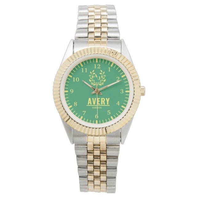 Relógio Green and Gold Personalized Custom Monogram Luxury (Frente)