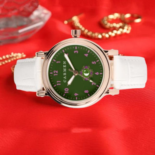 Relógio  Green and pink monogram custom name (Criador carregado)