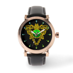 RELÓGIO GREEN SHAMROCK,CELTIC KNOT HEART DOURADO PRETO