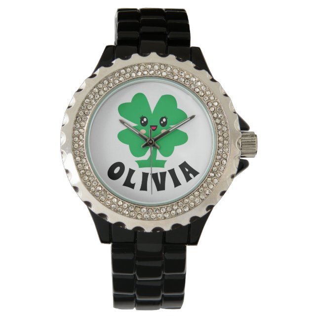 Relógio Green Shamrock Personalizado Name Watch (Frente)