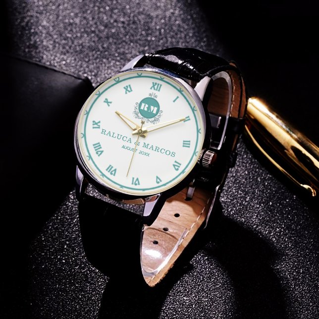 Relógio Green white Floral Monogram Letters  Couple Names (Criador carregado)