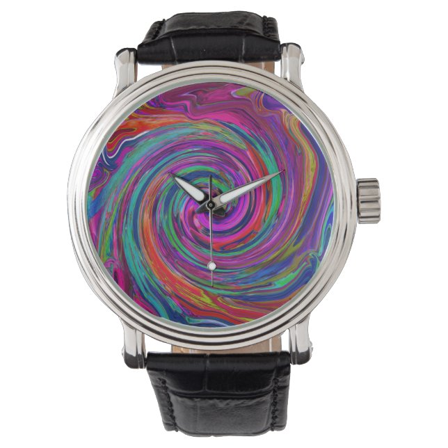 Relógio Groovy Abstrato Retro Magenta Dark Rainbow Swirl (Frente)