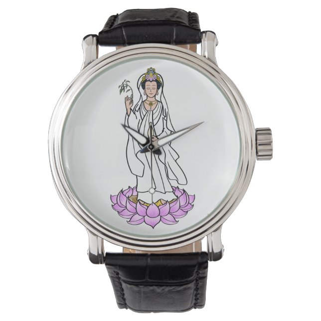 Relógio Guan Yin Bodhisattva sobre a Lotus Flower Watch (Frente)