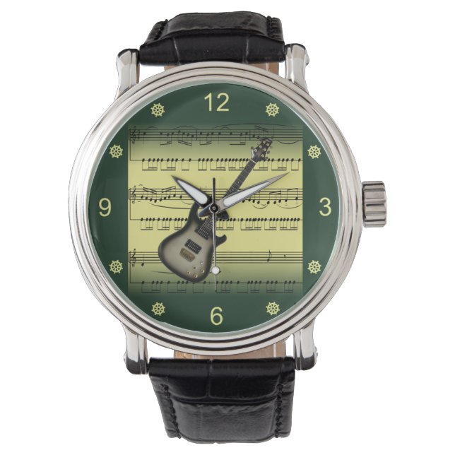 Relógio Guitarra Elétrica~Música em Folha Rolada~Dourada/V (Frente)
