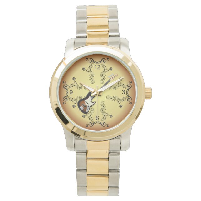 Relógio Guitarra Elétrica~Rolagem Musical~Fundo do Ouro ~ (Frente)