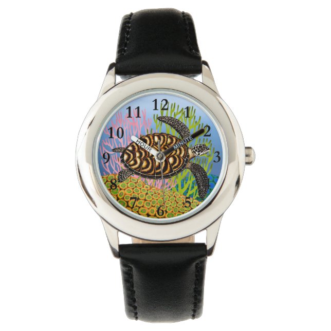 Relógio Hawksbill Sea Turtle no Coral Reef Kids Watch (Frente)