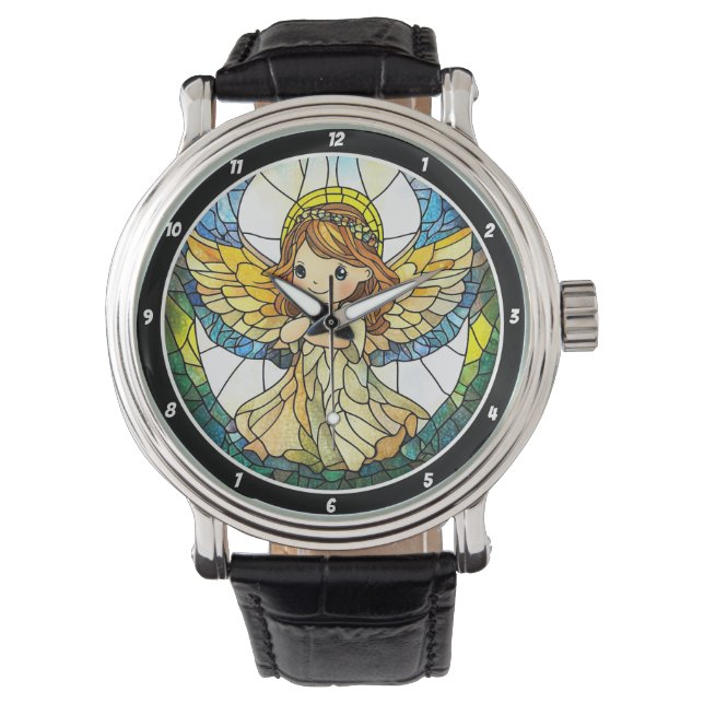 Relógio Heavenly Hues" - Stained Glass Angel Wall  (Frente)